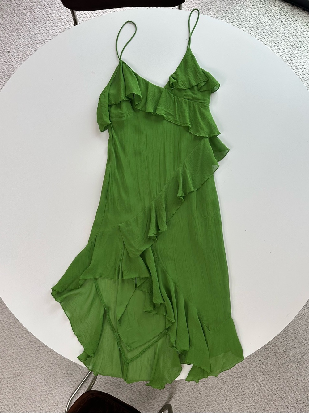 Mango Asymmetrical Ruffle Green Spaghetti Strap Dress XS 2